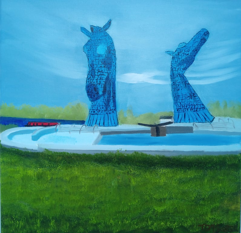 Original Oil Painting, Falkirk Kelpies in Blue