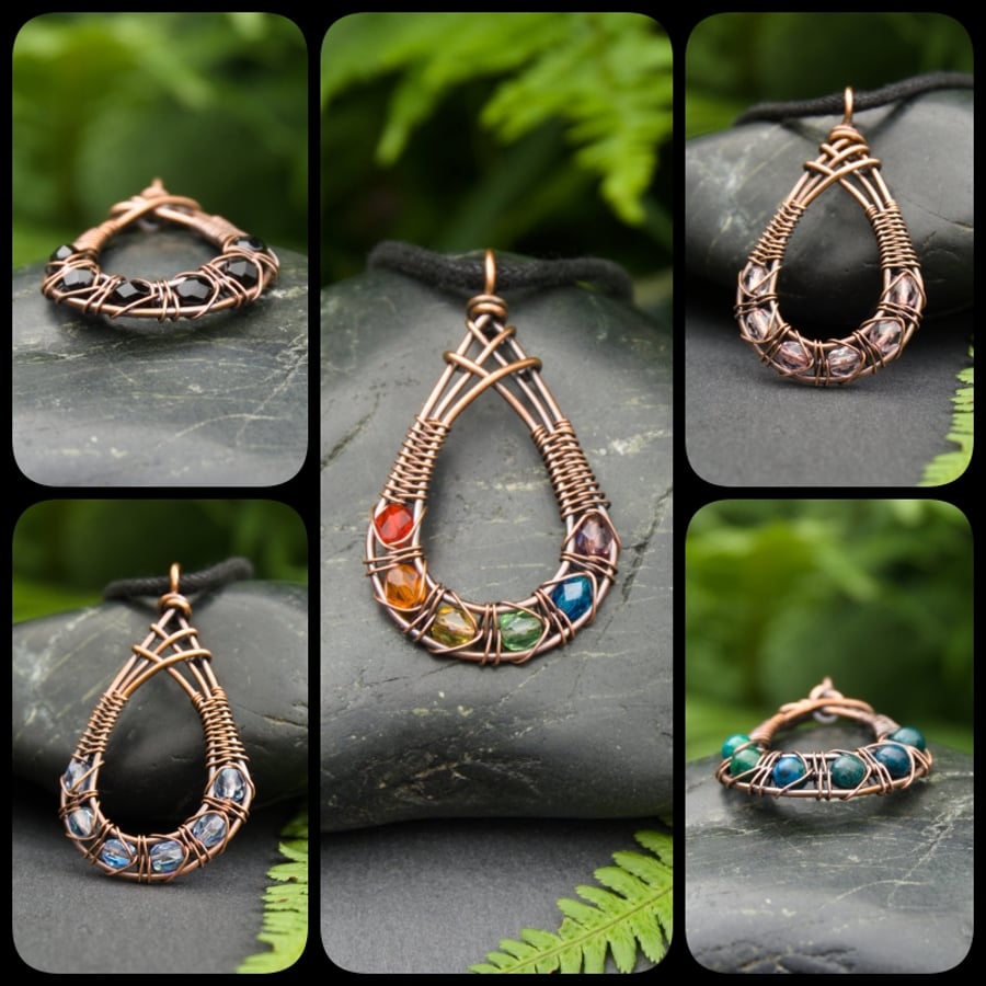 Copper Wire Wrapped Beaded Criss-Cross Pendant Necklace - Choice of Colours