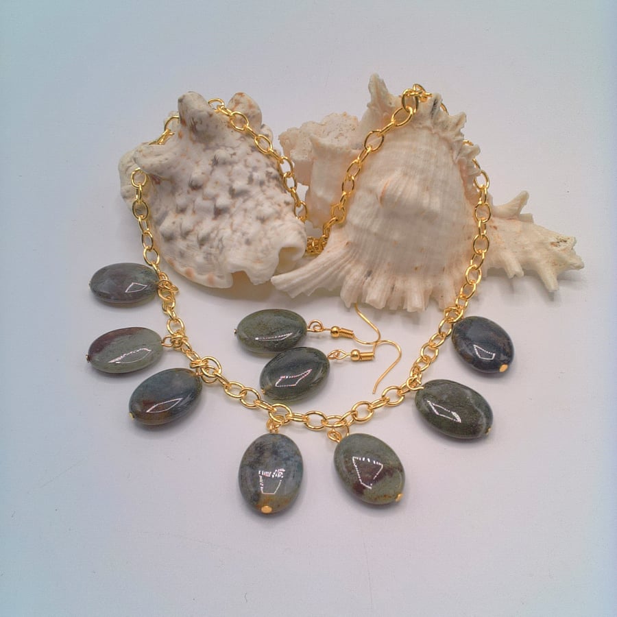 Green Moss Agate Ovals on a Gold Plated Chain Necklace & Earrings, Gift for Her