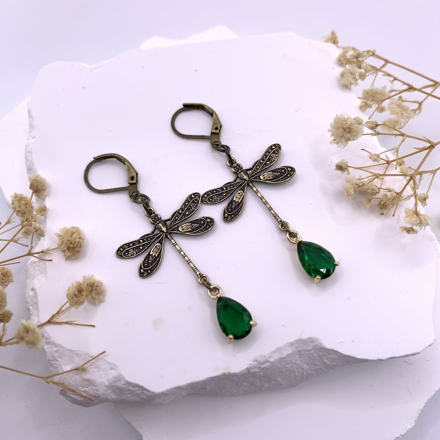 Vintage Style Antique Gold Dragonfly and Green Glass Crystal Dangle Earrings