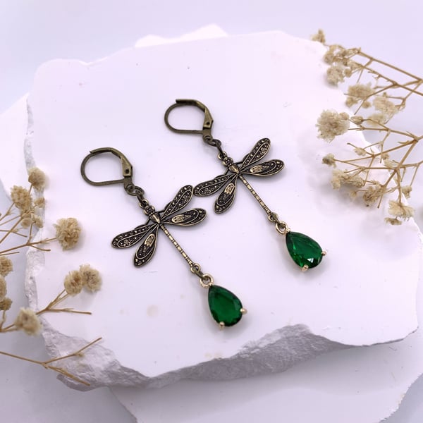 Vintage Style Antique Gold Dragonfly and Green Glass Crystal Dangle Earrings