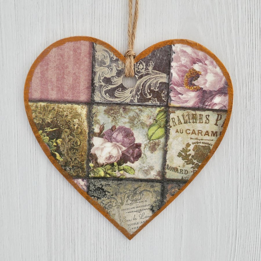 Decoupaged Wooden Hanging Heart: Vintage Rose design 6” (15cm)