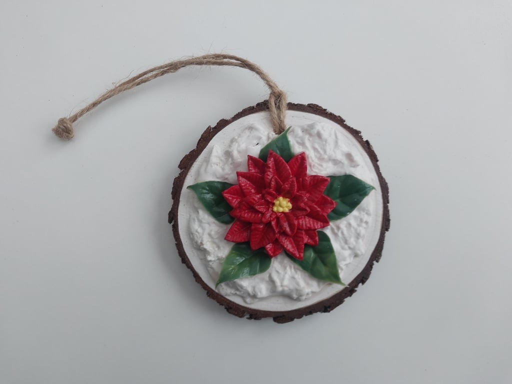 Christmas Clay Poinsettia on a real log slice hanging tree or home decoration