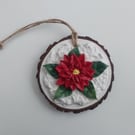 Christmas Clay Poinsettia on a real log slice hanging tree or home decoration