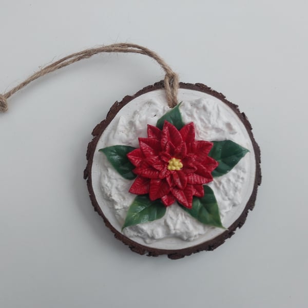 Christmas Clay Poinsettia on a real log slice hanging tree or home decoration