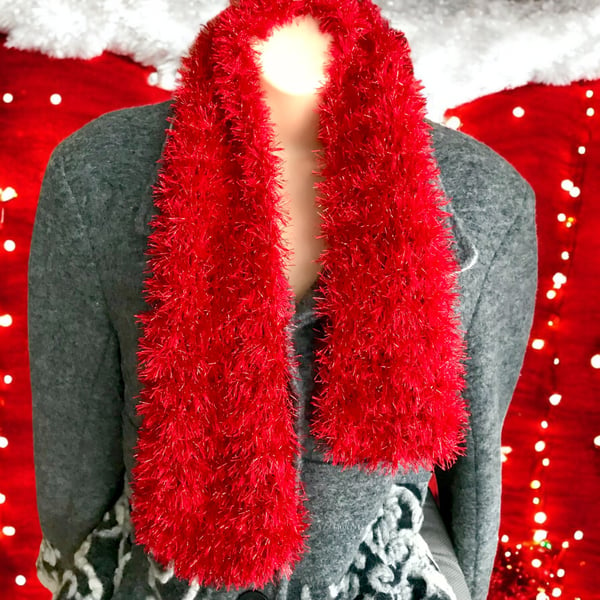 Scarf, Red Tinsel Glitter Style Scarf, Hand Crafted Knitted Scarves, Christmas