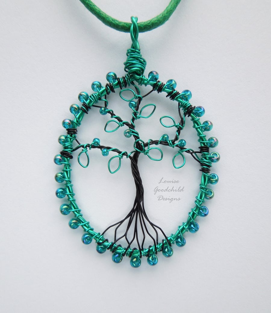 Teal green tree of life pendant necklace, unique wearable wire art