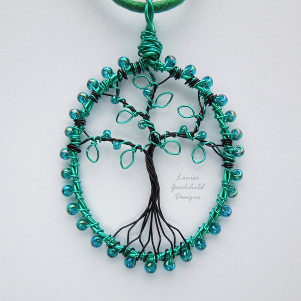 Teal green tree of life pendant necklace, unique wearable wire art