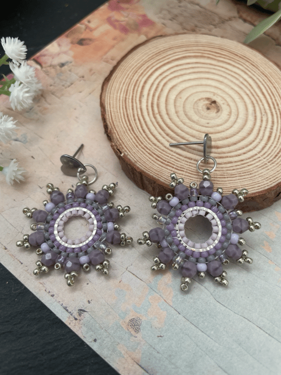 Beautiful lilac beaded hoop delicate dangle earrings, gift for girlfriend 