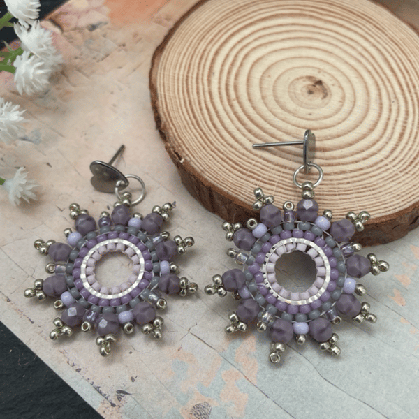 Beautiful lilac beaded hoop delicate dangle earrings, gift for girlfriend 