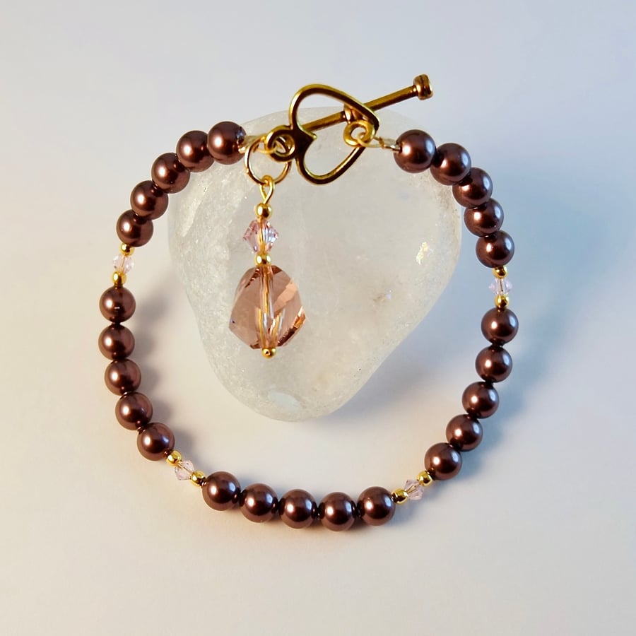 Glass Pearl Bracelet With Crystals & Charm - Handmade Gift, Birthday, Wedding