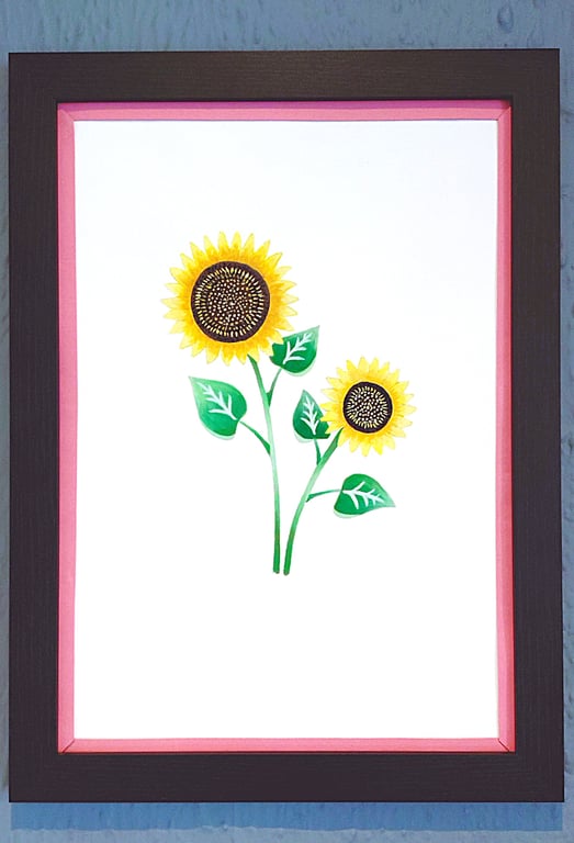 Unique Made in UK Framed A3 Print Sunflowers Stylish Pink Border Wallart Gift