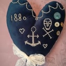 Antique sailor inspired velvet heart hanging, pirates, sea themed, wall hanging