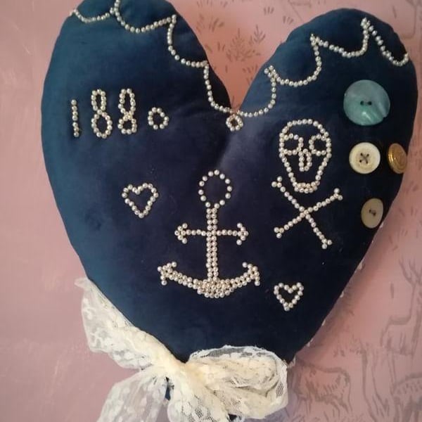Antique sailor inspired velvet heart hanging, pirates, sea themed, wall hanging