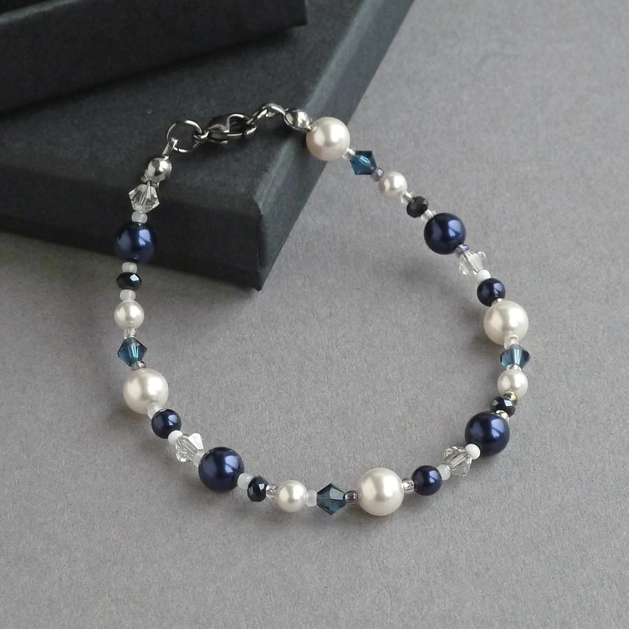Navy and White Beaded Bracelet - Dark Blue Single Strand Jewellery - Pearl Gifts