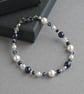 Navy and White Beaded Bracelet - Dark Blue Single Strand Jewellery - Pearl Gifts