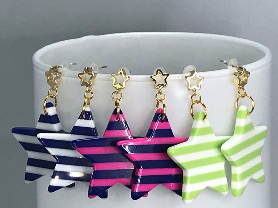 STRIPED STAR EARRINGS resin double star pushback post gold plated