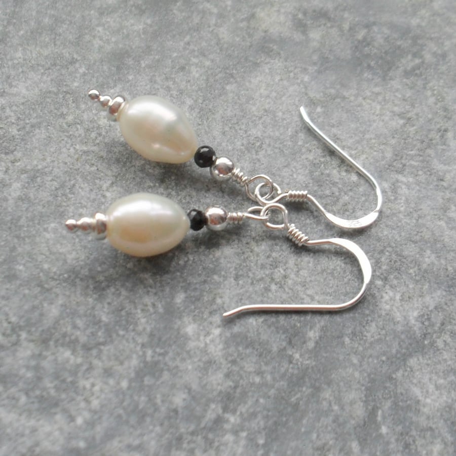 Freshwater Pearl and Black Spinel Sterling Silver Drop Earrings