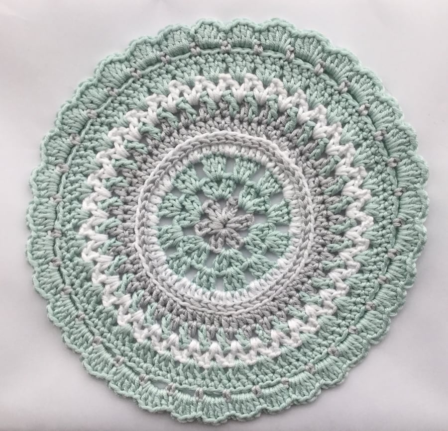 Crochet Mandala Table Mat Coaster in Light Mint, Grey and White