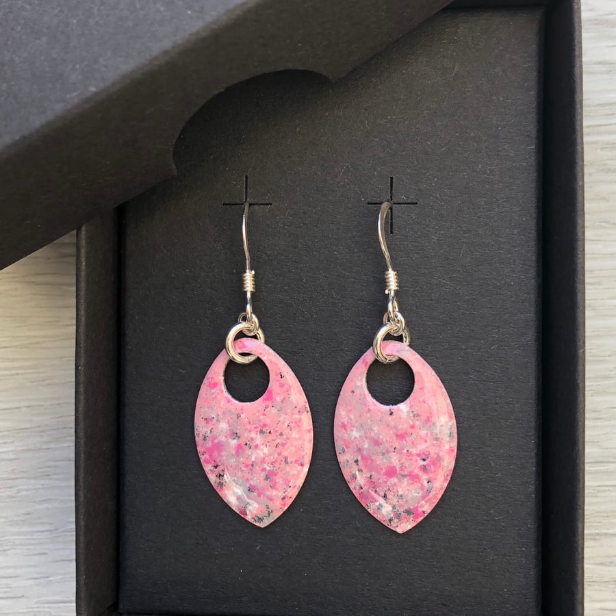 Pink and grey enamel scale earrings. Sterling silver. 