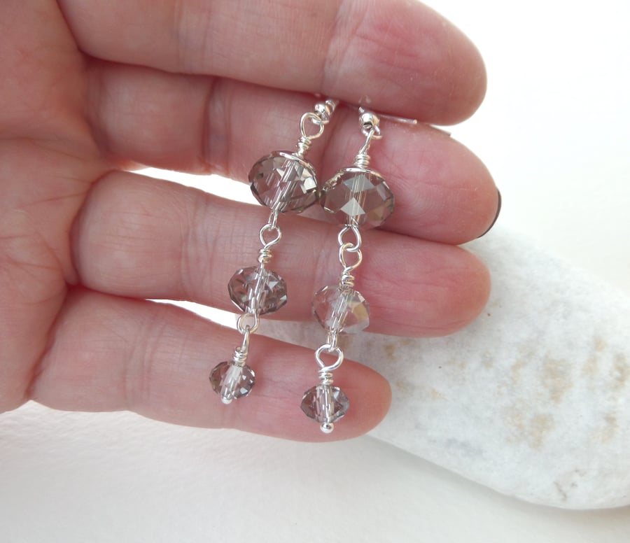 Grey Crystal Silver Earrings, Super Neutral Sparkle Dangle Earrings