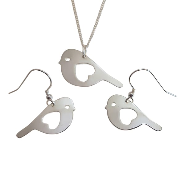 Bird jewellery set - large pendant and drop earrings (sterling silver)