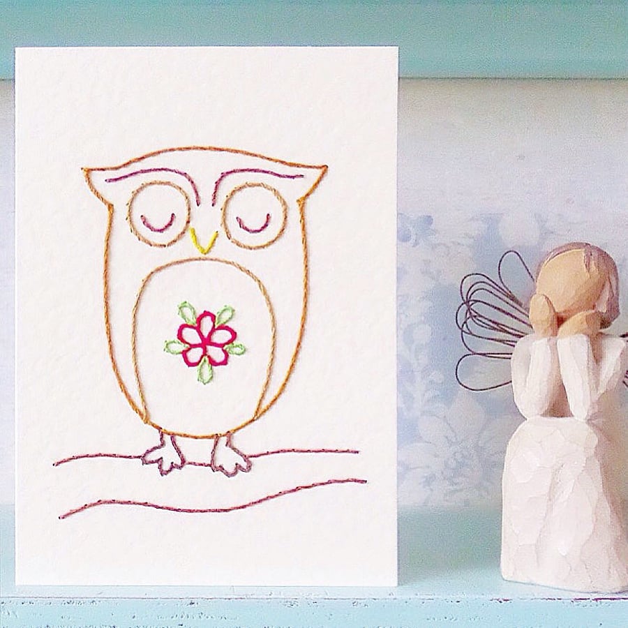 Owl Card. Blank Card. Hand Sewn Card. Hand Stitched Card. Mothers Day Card.