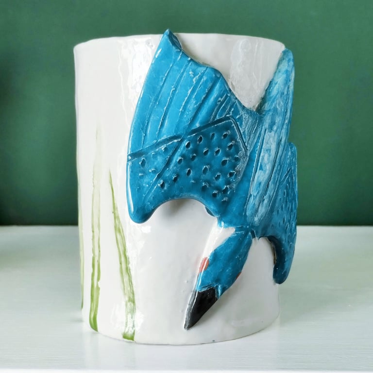 Kingfisher Ceramic Pot - Hand Built from Earthenware Clay