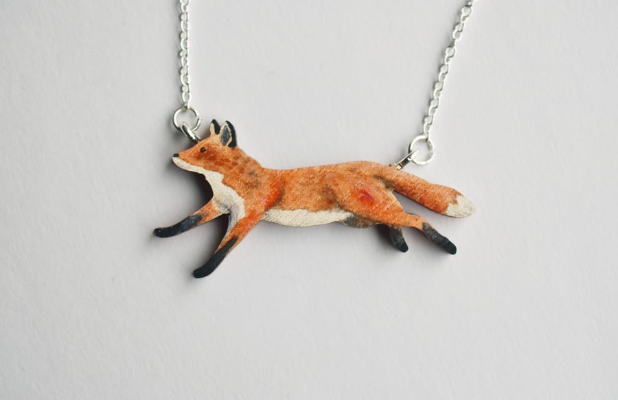 Running fox  necklace,  Wooden illustrated jewellery, eco friendly gift