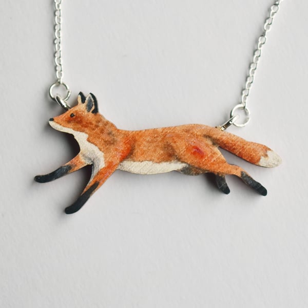 Running fox  necklace,  Wooden illustrated jewellery, eco friendly gift