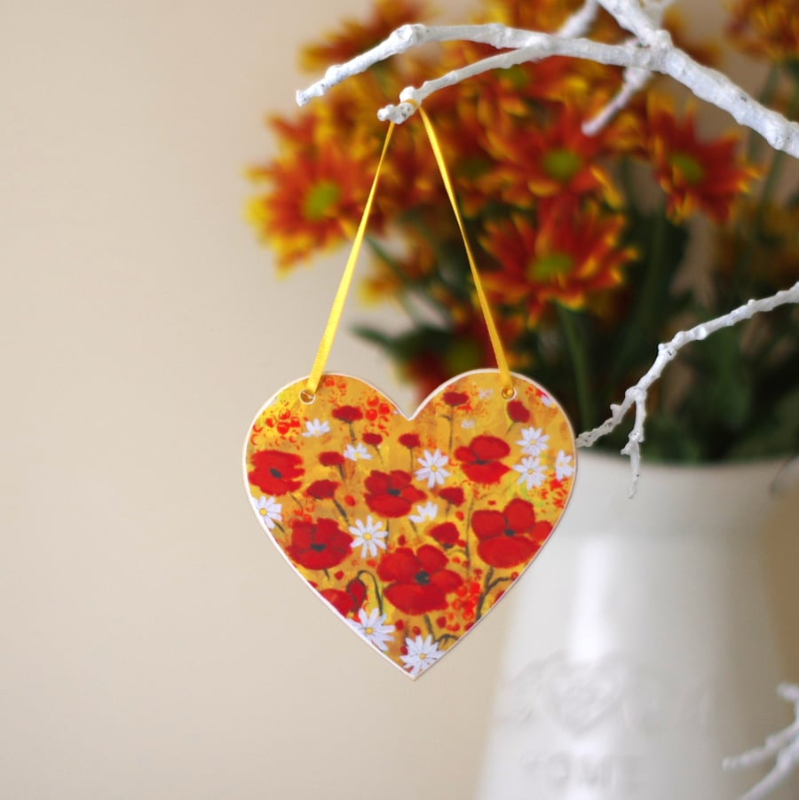 Red Hanging Heart, Poppy Hanging Decoration, Red Flowers Heart