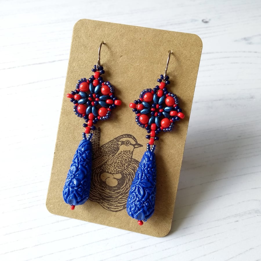 Sale! Navy and Red Drop Earrings