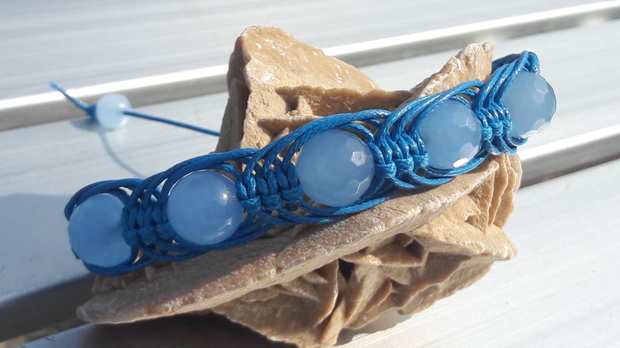 Unisex Sky Blue Agate in Blue Waxed Cord Macrame Bracelet