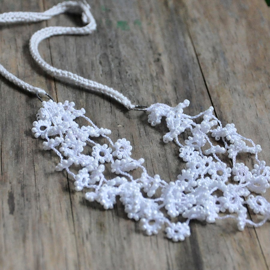  Flower Fall Crocheted And Beaded Necklace in White