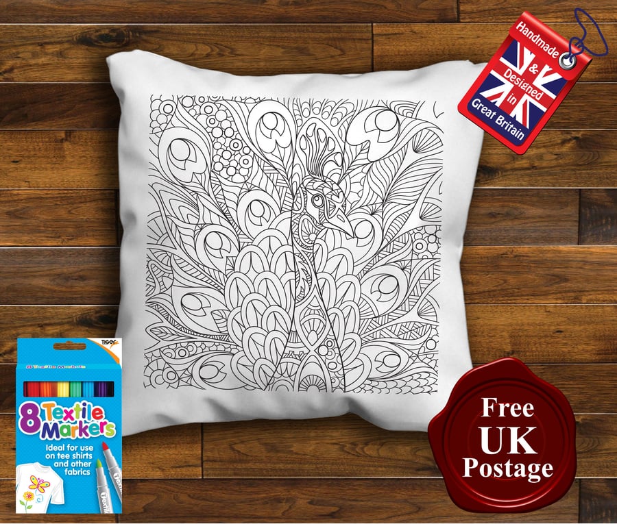 Peacock Colouring Cushion Cover, With or Without Fabric Pens Choose Your Size