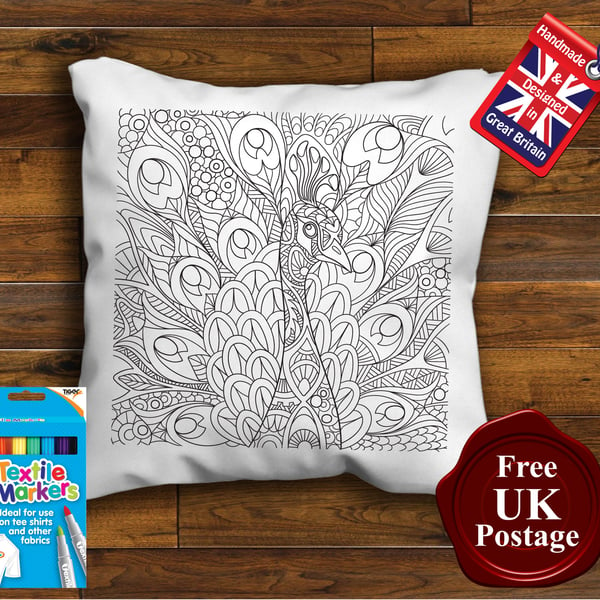 Peacock Colouring Cushion Cover, With or Without Fabric Pens Choose Your Size