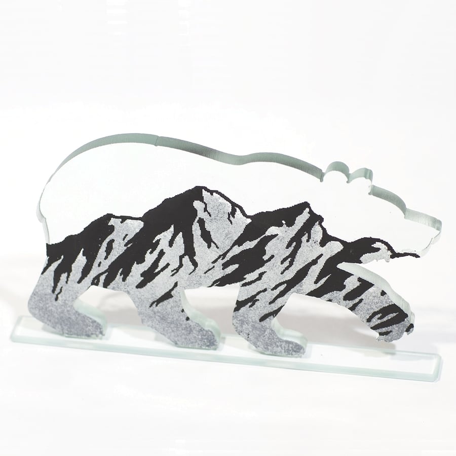 Glass Bear Sculpture with Mountains in Printed Kiln-Fired Enamel