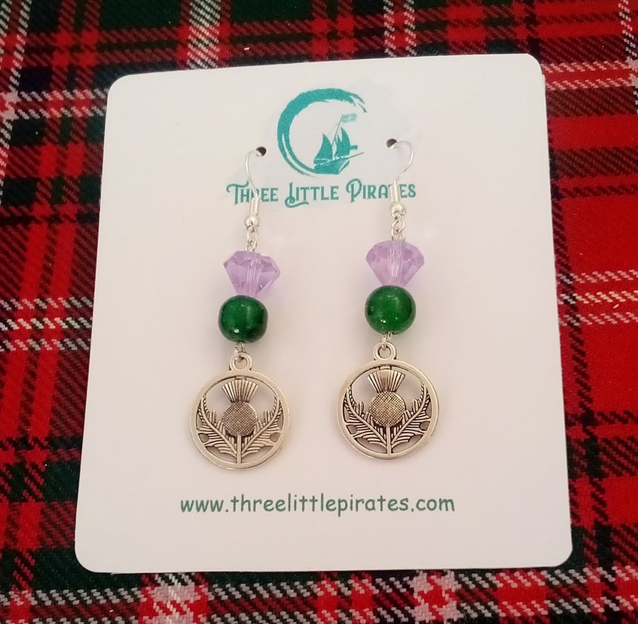Scottish Thistle dangly earrings, handmade fishhook earrings