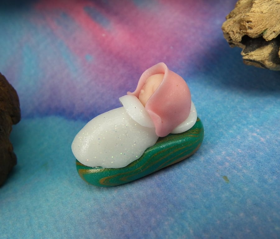 Sleeping Baby Gnome 'Dilly' in crib cradle OOAK Sculpt Ann Galvin Gnome Village