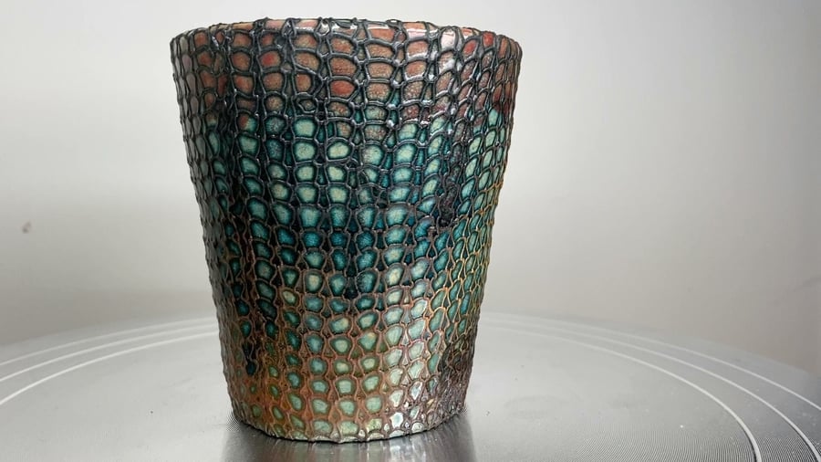 raku ceramic pot, deep sea treasure inspired, decorative raku ware - 875