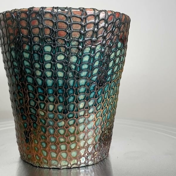 raku ceramic pot, deep sea treasure inspired, decorative raku ware - 875