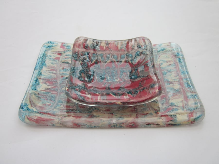 Handmade fused glass sushi plate and dip bowl - blossom