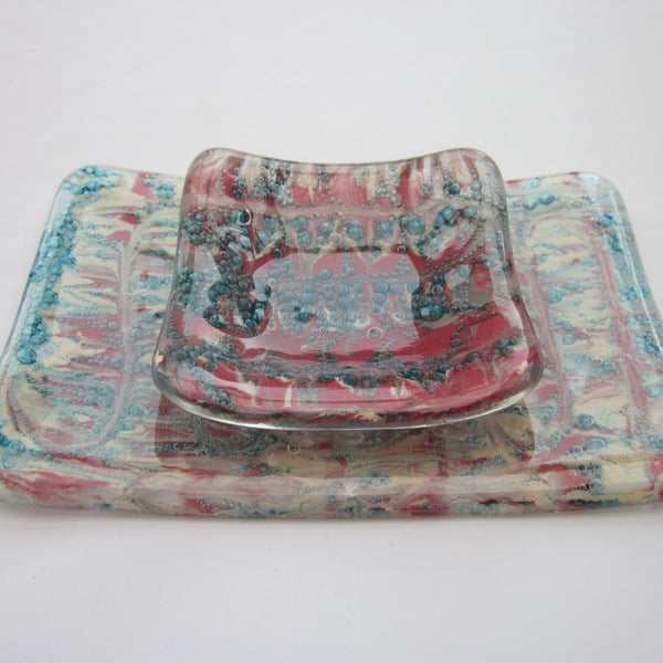 Handmade fused glass sushi plate and dip bowl - blossom