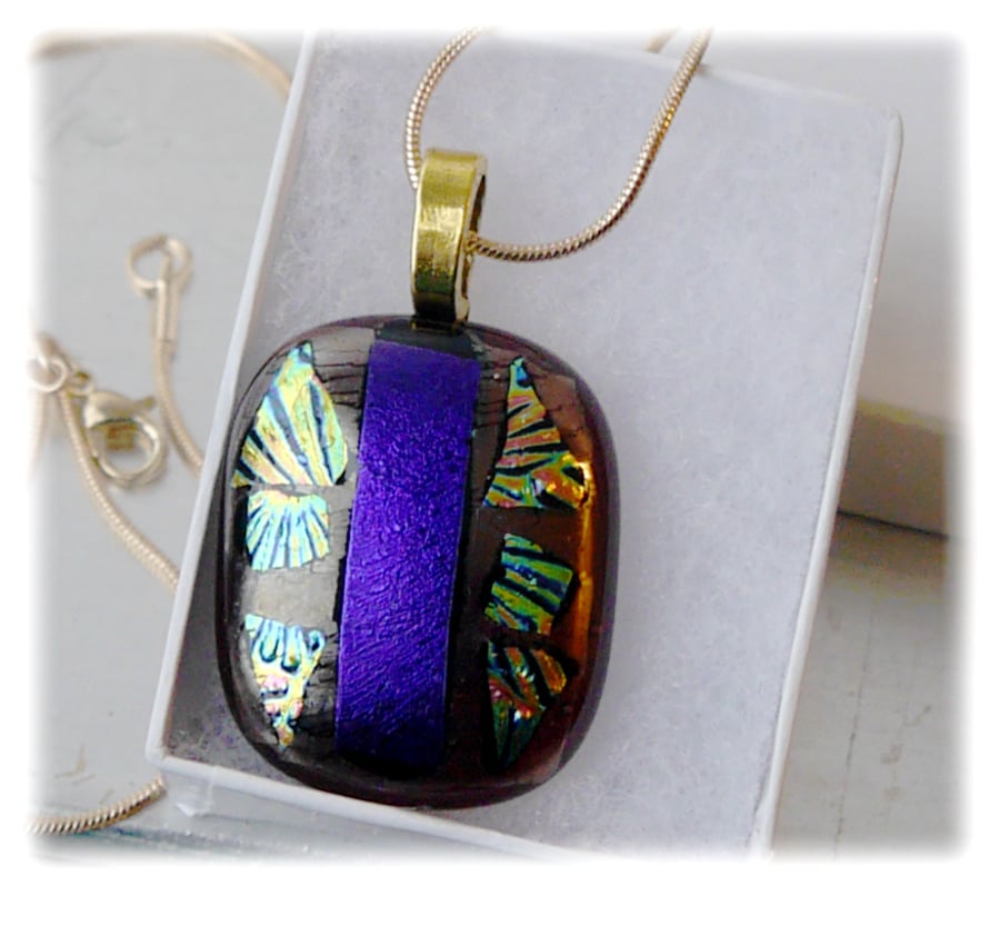 Dichroic Glass Pendant 071 Plum Purple Glitter Handmade with gold plated chain