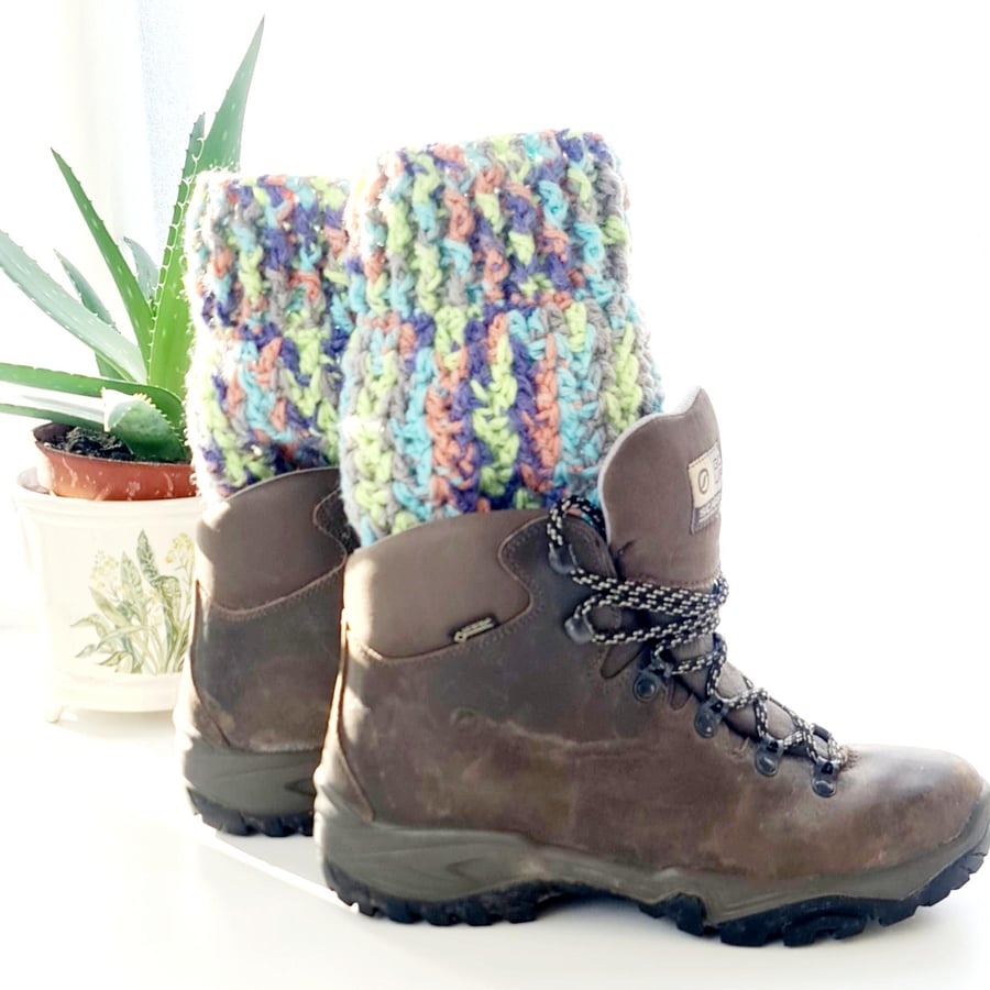 Multicoloured Boot Cuffs, Bright Crochet Ankle Warmers, One Size.