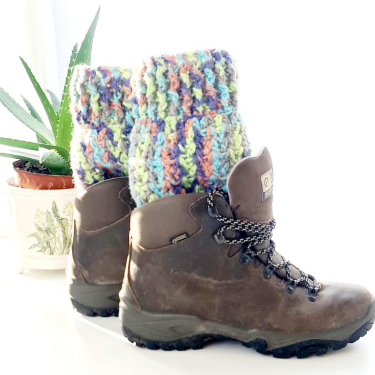Multicoloured Boot Cuffs, Bright Crochet Ankle Warmers, One Size.