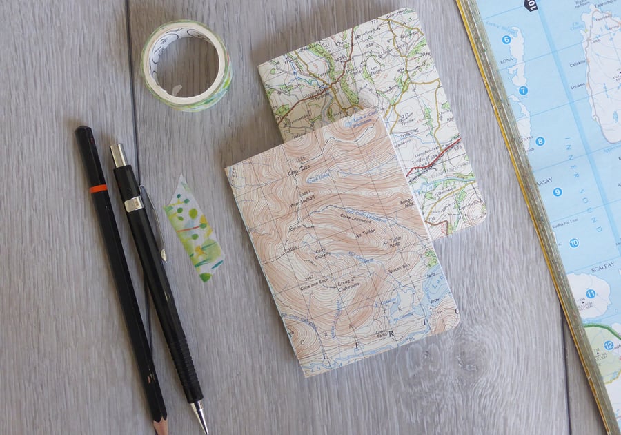 Set of two handbound small A7 notebooks with map covers