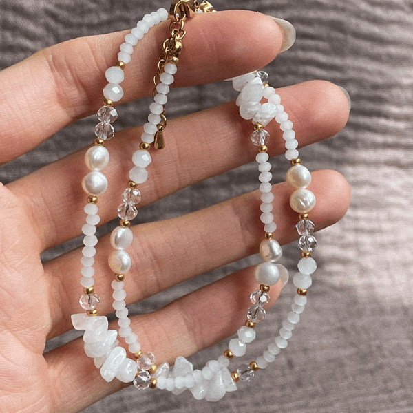 White freshwater pearl beaded summer necklace, beaded necklace with pearls