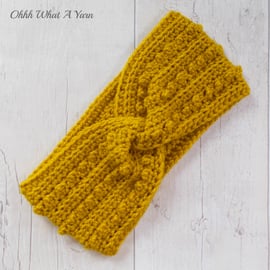 Ladies crochet gold, mustard twist ear warmer. Ear warmer. Gold headband.