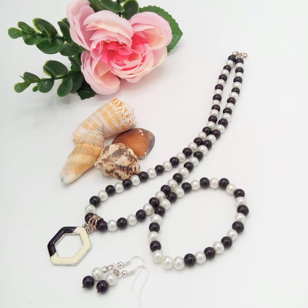 Black and White Pearl Jewellery Set with Enamel Pendant, Gift for Her